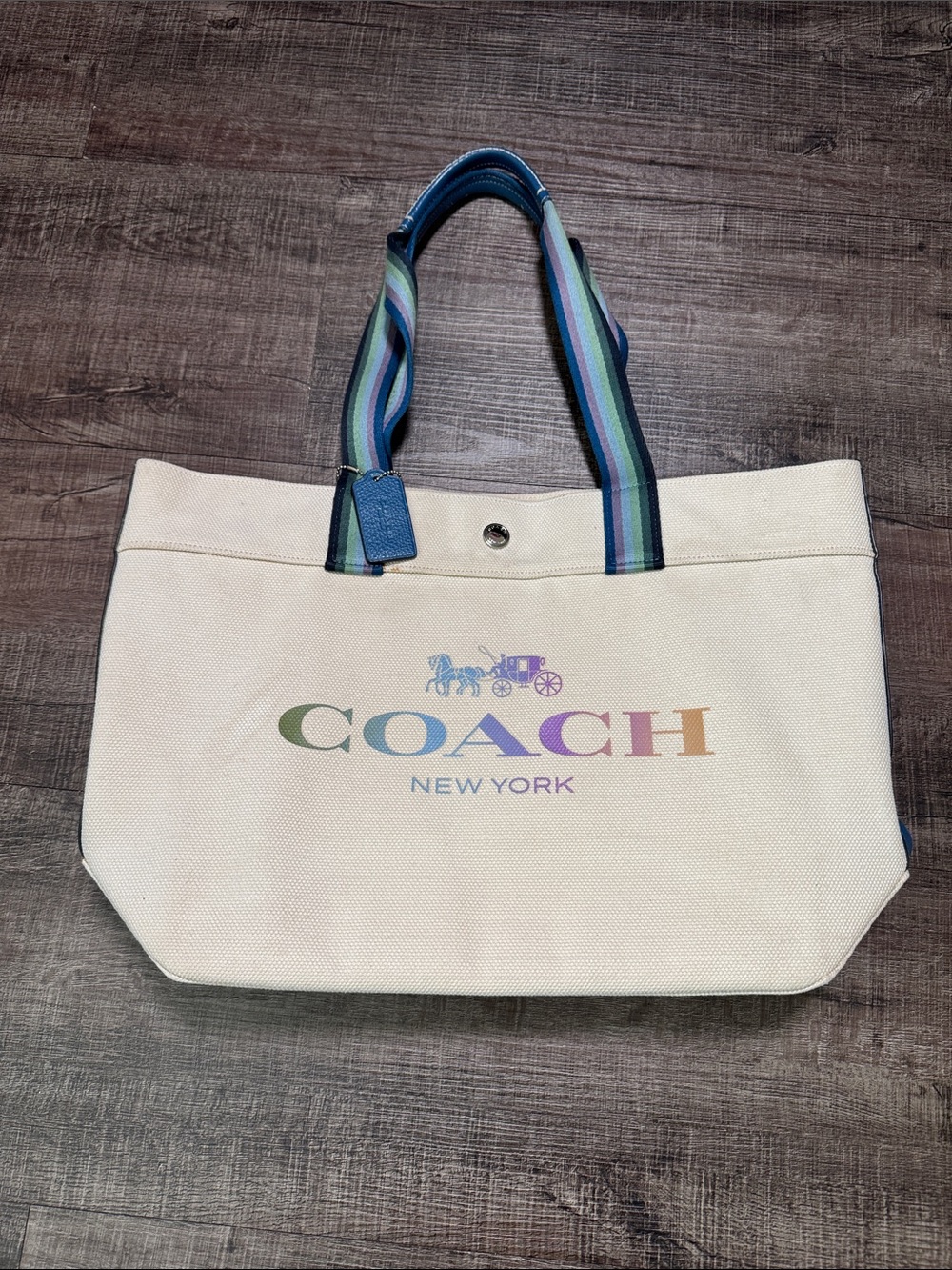 Coach Canvas Tote with Rainbow Logo and Blue Striped Handles